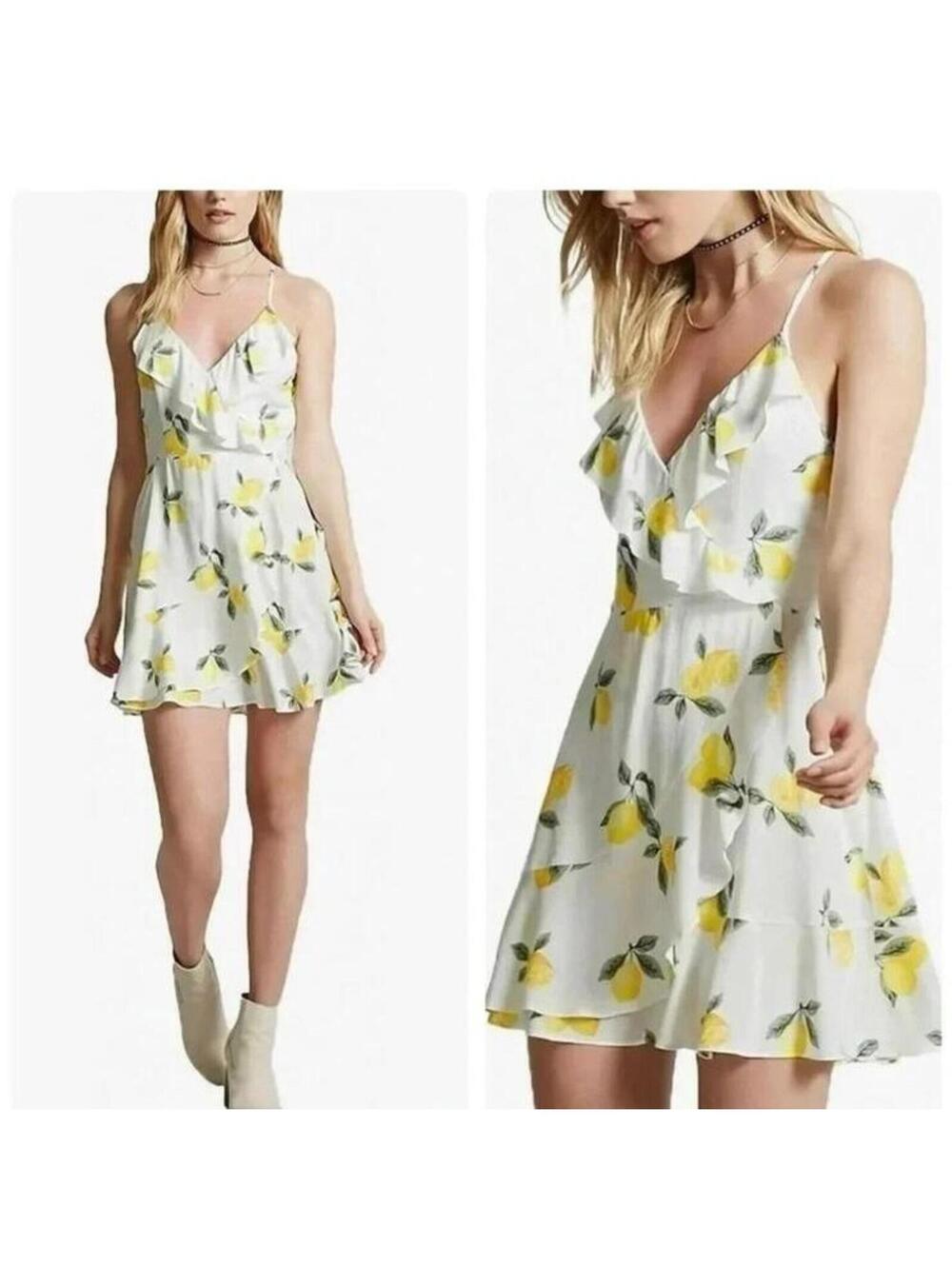 Japna White Strapless-Look Ruffle Lemon Print Mini Dress
